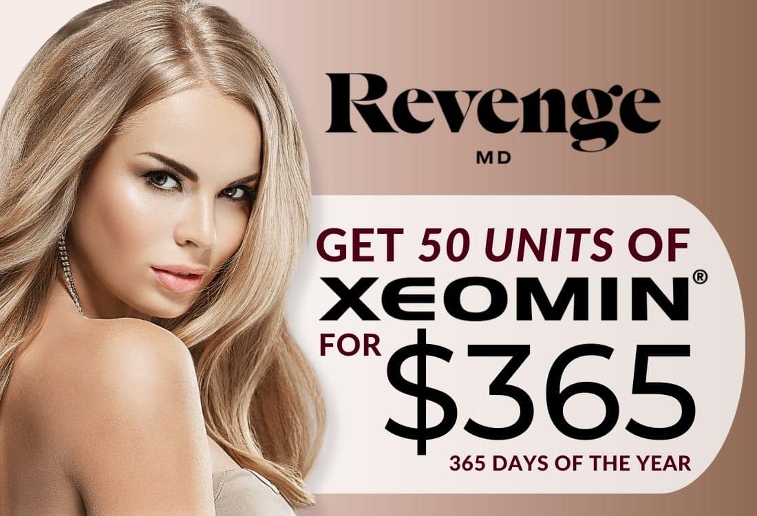 Gorgeous blond woman with smooth, youthful skin models Revenge MD's special on 50 Xeomin units.